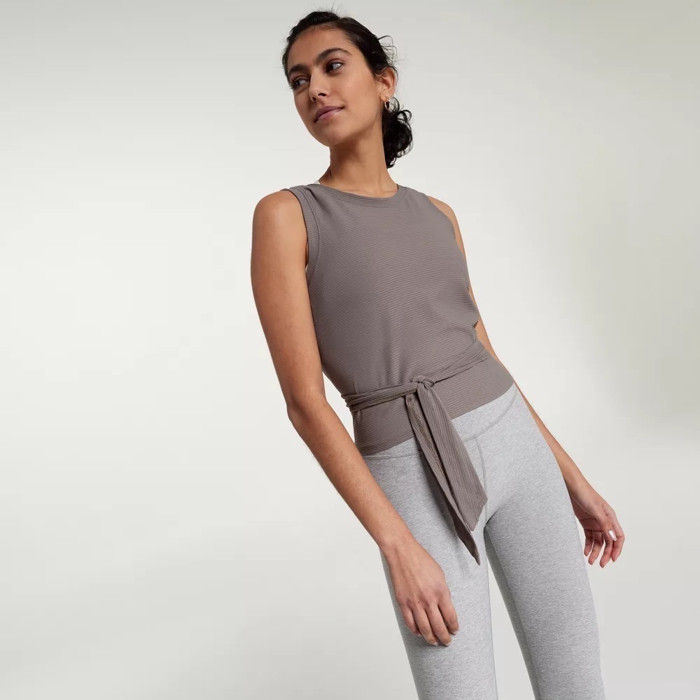NWT CALIA Crop Wrap Sleeveless Tie Tank Top Dark Grey Taupe Yoga Athletic Sz‎ XS